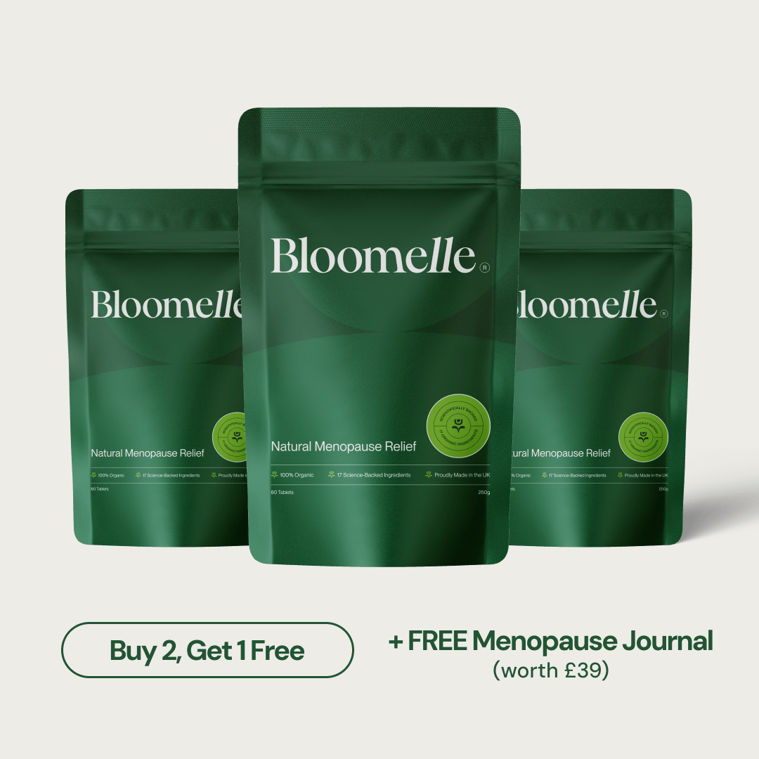 Bloomelle's 3-month bundle. Buy 2, Get 1 Free offer, which includes a free menopause journal worth £39.