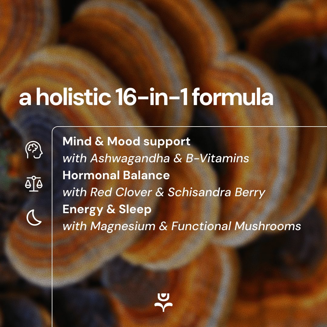 Bloomelle's 16-in-1 formula with Ashwagandha, Red Clover & mushrooms for mind, hormone, and energy support.