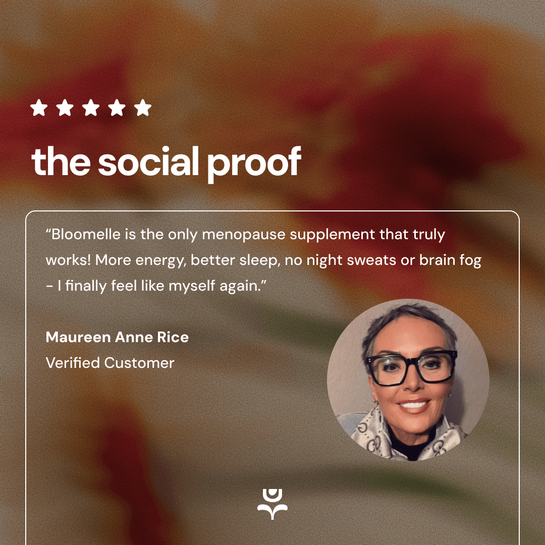 5-star review for Bloomelle from a verified customer. It helped her energy, sleep, night sweats, and brain fog.