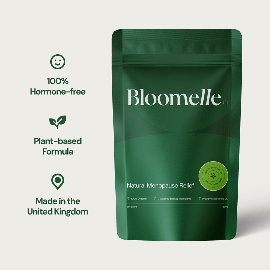 Pouch of Bloomelle Natural Menopause Relief. A hormone-free, plant-based supplement made in the UK.